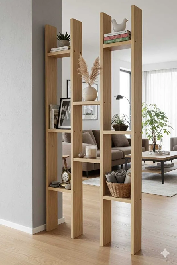 Masif Ahşap Raflı Oda Ayırıcı Seperatör Duvar Dekor Paravan 60x200 cm Boyasız Doğal Ahşap Rengi